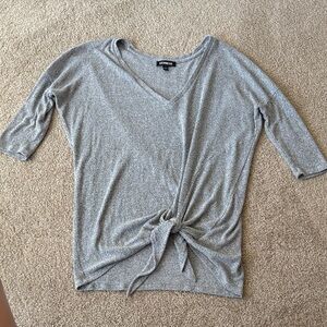 Express Grey Knot-Front V-Neck Knit Tee